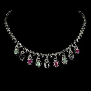 925 Sterling Silver Necklace Oval Ruby Emerald Sapphire Natural Gemstone Jewelry - Picture 1 of 13