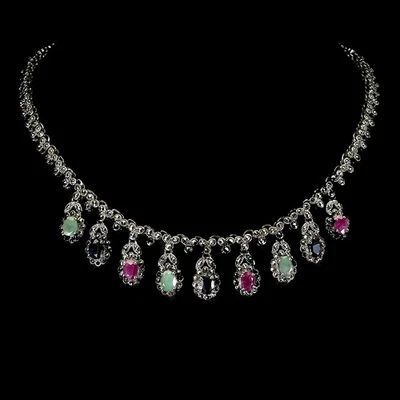 925 Sterling Silver Necklace Oval Ruby Emerald Sapphire Natural Gemstone Jewelry - Image 1 of 4