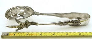 Kings Pattern Silver Serving Tongs with Talon Claw Spoon Engraved Fish Design - Picture 1 of 9