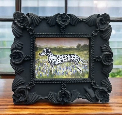 Mini impressão em aquarela emoldurada paisagem cachorro dálmata e capô azul de uma pintura - Imagem 1 de 2