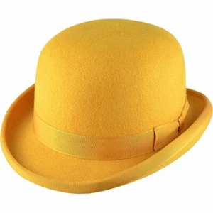 Mustard 100%Wool Hand Made Quality Round Top Hard Bowler Hat With Satin Lining - Picture 1 of 3