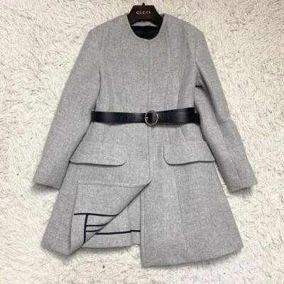 Abrigo Miu Miu Línea A Sin Cuello con Cinturón Gris Talla 36 Nuevo Sin Usar Italia #K18 Foto 1 de 4