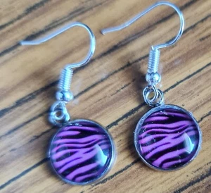 Bright Pink Zebra Print Glass Cabochon Charms Pendant Dangle Earrings. - Picture 1 of 1