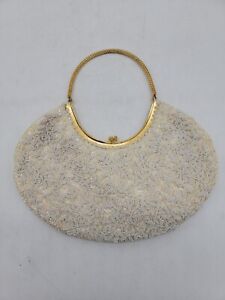 Vintage Gold Cream Beaded Satin Handbag Includes Pocket Mirror 11.5" X 11.5 "