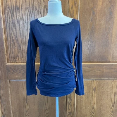 Ralph Lauren Rugby Womens Shirt L Cotton Blend Navy Long Sleeve Ruching Fitted - Image 1 of 4