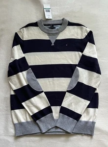 Tommy Hilfiger Boys Sweater Size L(16/18) Blue White Striped Elbow Patches - Picture 1 of 10