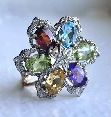 10K Gold Rainbow Flower Ring Sz 6.25 Amethyst Garnet Peridot Blue Topaz Citrine - Image 1 of 4