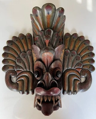 Handmade Vintage Mayura Raksha Mask from Sri Lanka. Peacock Devil, 18"X20" - Image 1 of 4