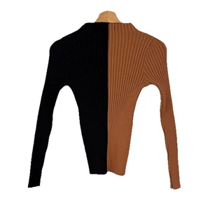 BKE Y2k Ribbed Mock Neck Sweater Damen S Color Block Braun Schwarz Stretch Chic - Bild 1 von 5