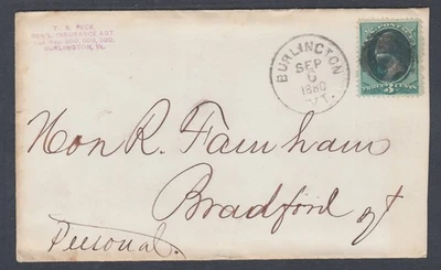 US Sc 158 on 1880 envelope, 22mm black BURLINGTON, VT cds & Negative B cancel - Image 1 of 2