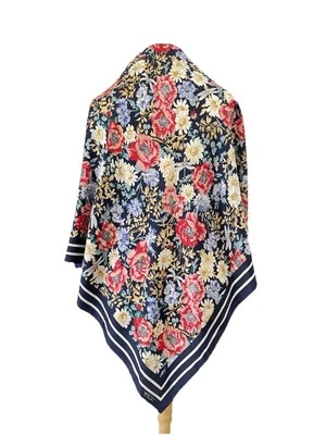 Talbots 100% Silk Scarf Floral Print Navy Red Yellow Made in Japan #A78 - Image 1 of 4