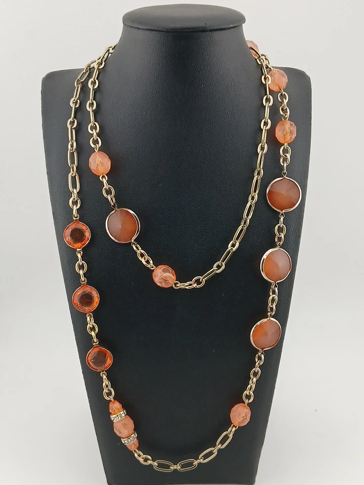 ANNE TAYLOR goldtone peachy/orange beads & bezel set stones stations necklace  - Image 1 of 4