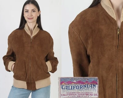 Vintage 50s California Sportswear Jacket Brown Suede Leather Bomber Car Coat - Image 1 of 4