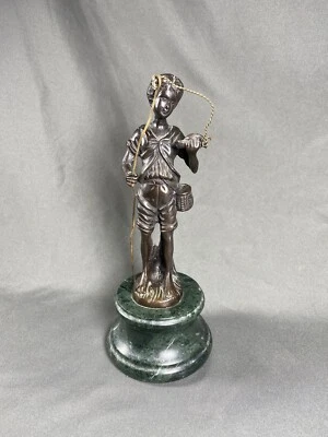 AUGUSTE MOREAU BOY WITH FISHING POLE FRENCH BRONZE SCULPTURE 9" FIGURE COPY - Image 1 of 4