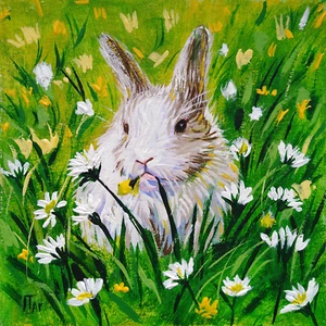ACEO PRINT of Painting Portrait Bunny in daisy flowers Rabbit miniature by JTar - Picture 1 of 2