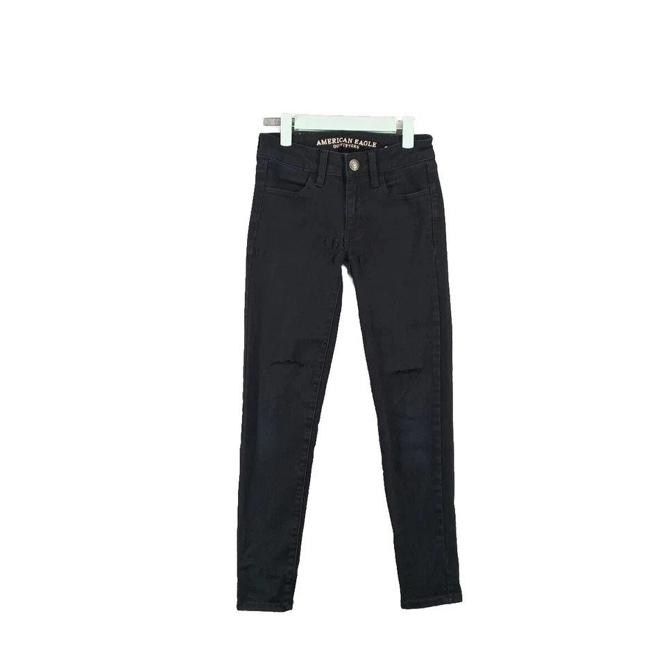 AMERICAN EAGLE Jegging Size 00 Short Casual Distressed Mid-Rise Solid Black - Image 1 of 4