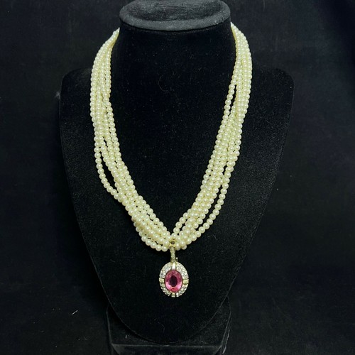 Collana vintage stile Givenchy tono oro perle finte 6 fili con ciondolo rosa (2705)