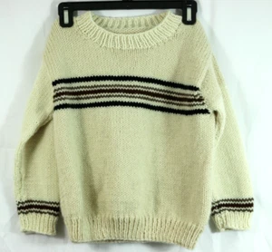 Vintage Handknit Sweater Boys 9-10 Cream Brown Stripe Ribbed Knit Crew Neck - Picture 1 of 6