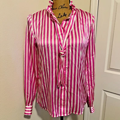 Juicy Couture Women's Blouse Pink/White Stripe Pussy Bow Size 2 100% Silk - Изображение 1 из 4