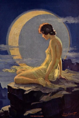 The Moon Maiden by Leon Lippert, Girl, Goddess, New Moon Sky Canvas Art Print