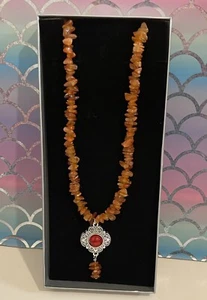 Carnelian Chip Necklace With Tibetan Silver Flower Pendant. Gift Boxed. - Picture 1 of 6