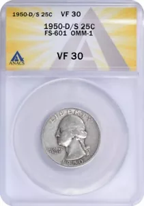 1950-D/S Washington Silver Quarter FS-601 OMM1 VF30 ANACS - Picture 1 of 2