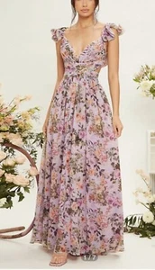 Elegant Floral Maxi Dress with Ruffled Sleeves SZ 6 - Picture 1 of 8