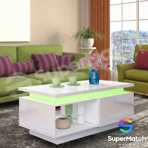 Modern LED Coffee Table Storage Drawer Shelf Cabinet High Gloss Furniture White - Picture 1 of 6
