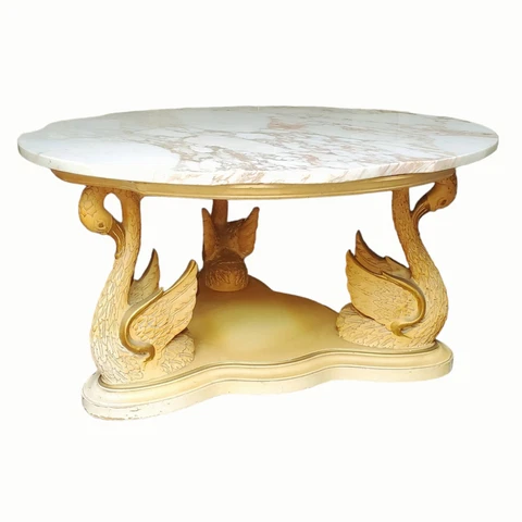 Vintage 2 Piece Carved 3 Swans Wooden Base Coffee Table With 36" Marble Top Cover