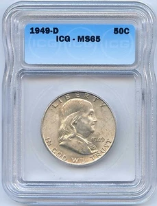 High Grade 1949-D 50C Franklin Silver Half Dollar. ICG Graded MS 65. Lot #2461 - Picture 1 of 4