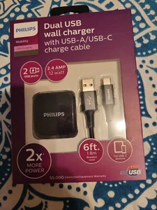 Philips Dual USB Wall Charger, USB-A/USB-C Charge Cable - Picture 1 of 2