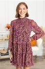 New Avara Ashlyn Floral Dress Tiered Metallic Thread Smocked Size Medium