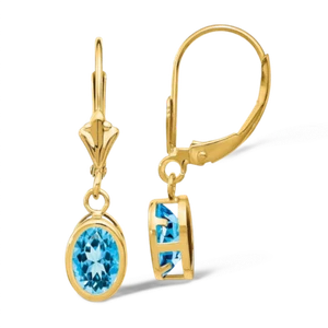 14K Solid Yellow Gold Oval Swiss Blue Topaz Dangle Earrings - Picture 1 of 4