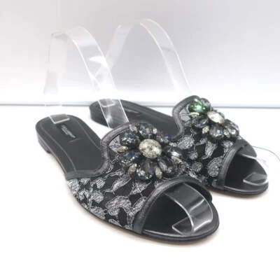 Dolce & Gabbana Sofia Crystal-Embellished Lace Slides Gunmetal Leather Size 38 - Image 1 of 4
