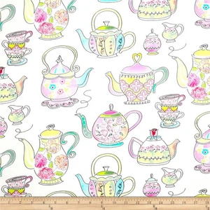 Last 2 1/4 Yards Tea Party Decorative teapots Tea Pots white Quilt Cotton Fabric - Picture 1 of 4
