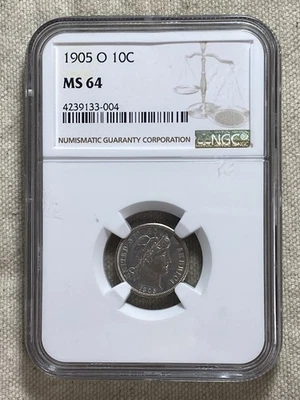 1905-O Barber Silver Dime NGC MS64 Gorgeous White Coin Tough Date Very Scarce - Image 1 of 4