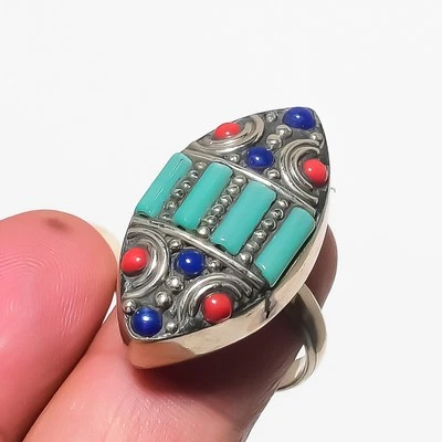 Türkis Koralle Lapislazuli Verstellbar Ring Tibetische Handarbeit Schmuck NR ... - Bild 1 von 4