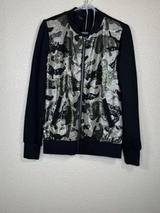 Selen Pailletten Camouflage Bomberjacke Gr. 1 Reißverschluss vorne schwarz grün Statement Mantel - Bild 1 von 5
