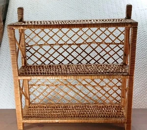 Vtg Wicker Rattan Wall Shelf 2 Tier Boho Decor Display Storage Rack 19x18x6 - Picture 1 of 21