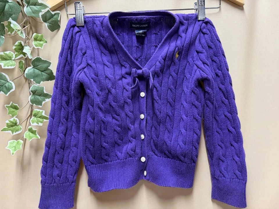 Ralph Lauren Purple Cable knit cardigan sweater with bow Girls sz 6 - Image 1 of 4