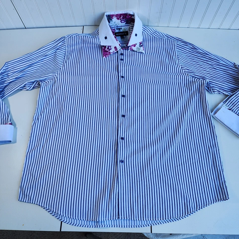 Camisa de vestir para hombre George's manga larga botones clásica azul blanco rayas 19 19,5 Foto 1 de 4