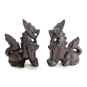 Vintage handgeschnitzte chinesische Holz Foo Hunde Paar Figur Ornament schön alt 10 cm - Bild 1 von 14