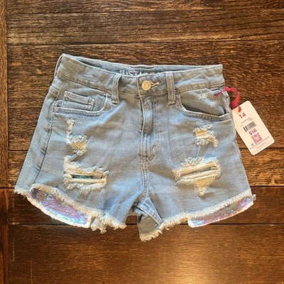 Justice Girl’s Distressed Denim Shorts w/ Sequin Pocket | Light Wash | Size 14 - Image 1 of 4