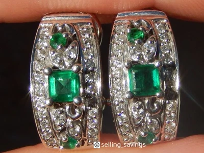 PENDIENTES HUGGIE OMEGABACK ORO BLANCO 14K ESMERALDA EFFY Y DIAMANTE 7/10 PULGADAS Foto 1 de 4