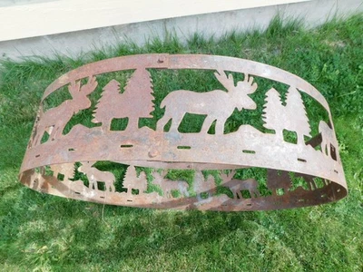 Vintage 4 Piece 36" Round Metal Iron Moose Elk Pine Trees Art Camp Fire Ring Pit - Image 1 of 4