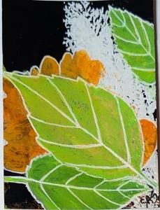 ACEO Kunstkarte, Herbst, Pflanzenpressung, Acryl, Botanik, Outsider, Brut Art - Bild 1 von 3