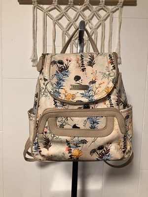 Woman’s MultiSac Backpack Tote Purse Textile Leather Tan Multicolor Floral - Image 1 of 4