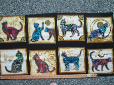MOD ART CATS ANIMAL CAT DIGITAL 8 BLOCK BLACK STUNNING COTTON FABRIC PANEL  - Image 1 of 4