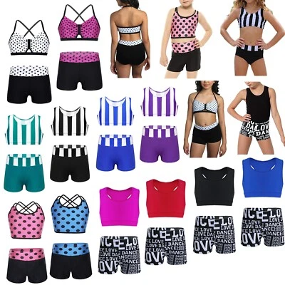 Girl Kid 2-Piece Dance Sport Outfit Crop Top+Booty Shorts Gymnastics Leotard Set - Image 1 of 2