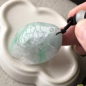 44.4mm Green Carved Fish Jade Jadeite Pendant Shape - Picture 1 of 6